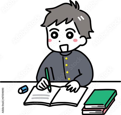 笑顔で勉強している学ランの男の子