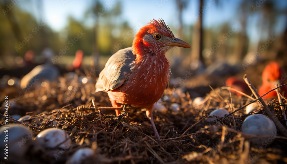 Fototapeta premium A cute yellow rooster perched on a branch in nature generated by AI
