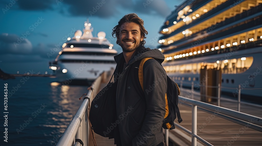a man at cruise dock port smiling with ocean view, Generative Ai - obrazy, fototapety, plakaty 