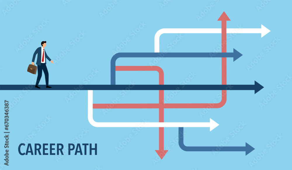 Career Path Businessman navigating his career path to success. Stock