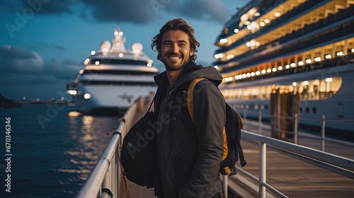 a man at cruise dock port smiling with ocean view, Generative Ai photo