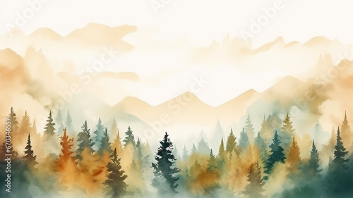 watercolor drawing, autumn landscape panorama coniferous forest in the mountains, horizon line on a white background in yellow tones of autumn