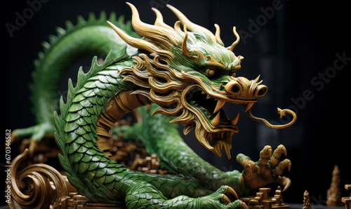 Wooden Chinese dragon of green color © Vodkaz