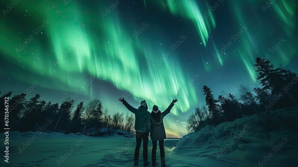 two people man and woman under aurora light, Generative Ai