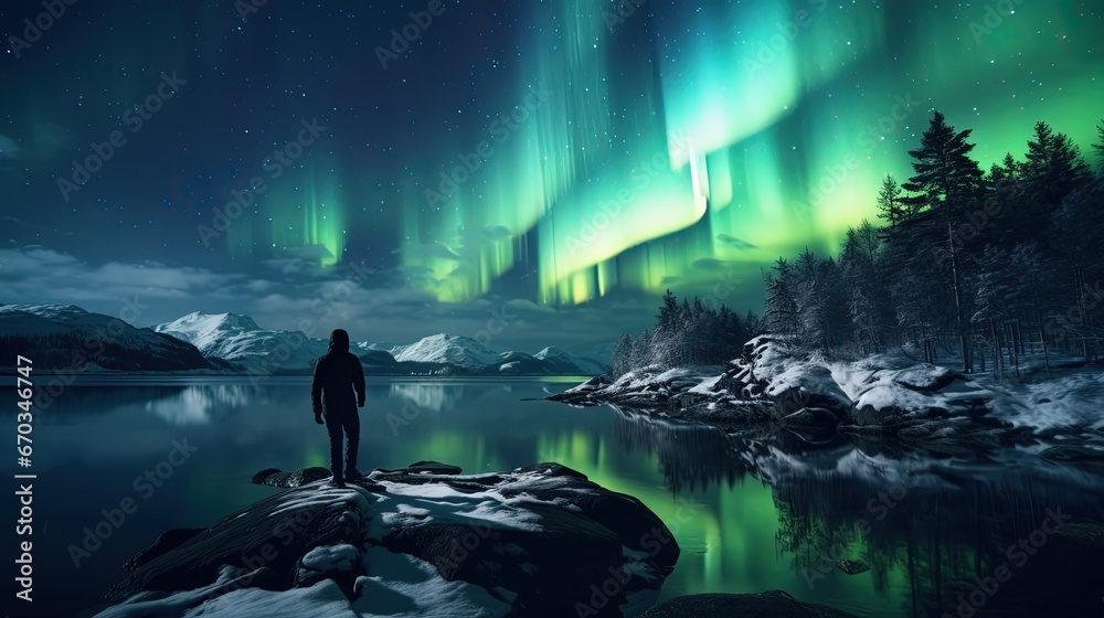 a man at lake side under aurora light, Generative Ai