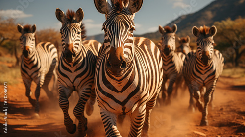 Group of Zebras running across the African