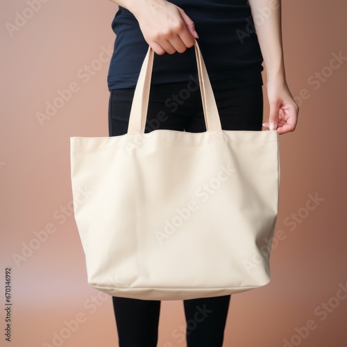 Woman's hand holding a beige canvas tote bag, Eco friendly shopping bag on brown background, mockup. Rejection of plastic bags, zero waste concept