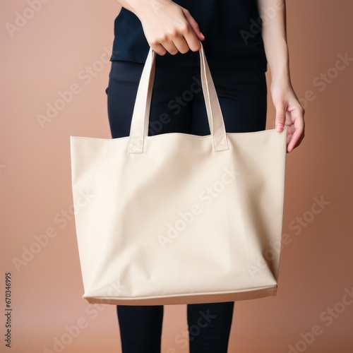 Woman's hand holding a beige canvas tote bag, Eco friendly shopping bag on brown background, mockup. Rejection of plastic bags, zero waste concept