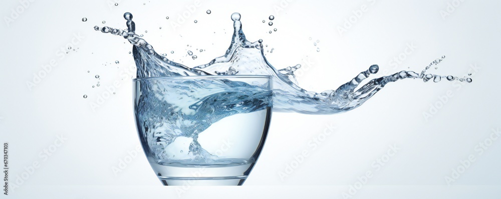 Fresh soft water element flows from glass cup on white background Generative AI Fresh soft water element flows from glass cup on white background Generative AI