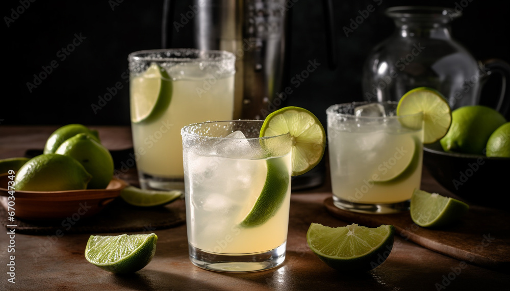 Refreshing mojito cocktail with lime, lemon, and mint leaf garnish generated by AI Refreshing mojito cocktail with lime, lemon, and mint leaf garnish generated by AI