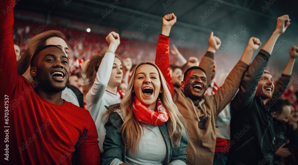 Fototapeta premium Fans cheering at the match, in the style of multicultural.