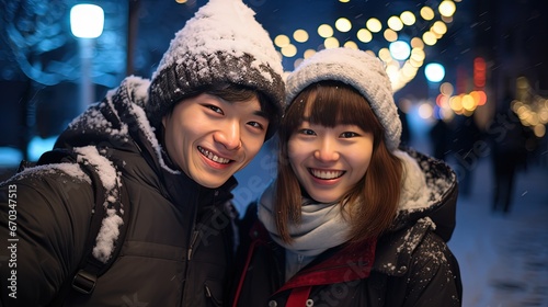 two man and woman lover couple happy together in winter night festival with bokeh light, Generative Ai