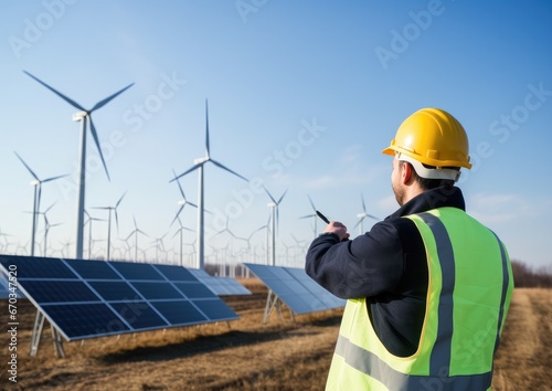 Solar power plant. Engineer with tablet computer on a background of photovoltaic panels. Science solar energy.