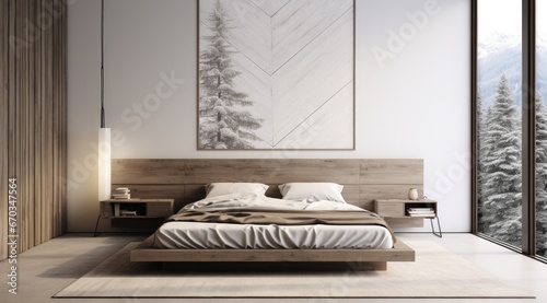 Flat white wall with grey wood bed frame.