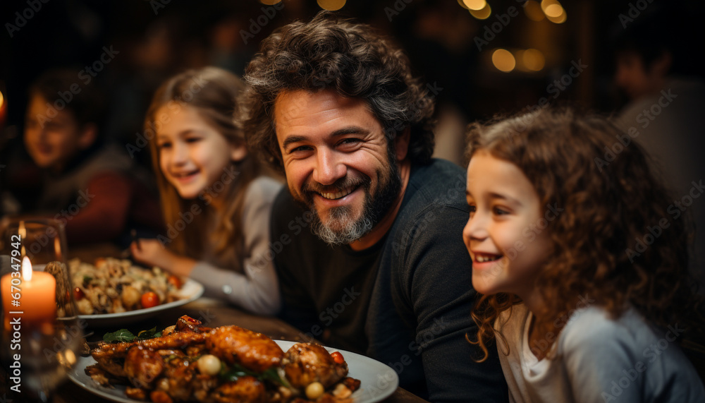A happy family enjoying a meal together, smiling and bonding generated by AI A happy family enjoying a meal together, smiling and bonding generated by AI