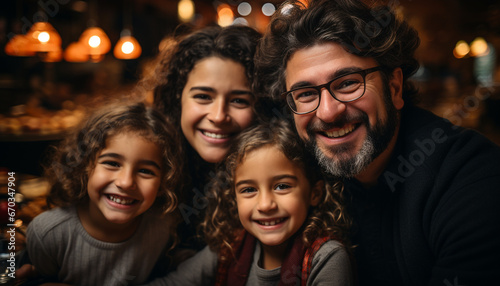 A cheerful family bonding indoors, smiling and looking at camera generated by AI
