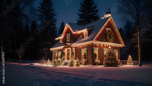 House adorned with Christmas lights and pine trees at night during Christmas in December, situated in the middle of a wooded area © JES ARB