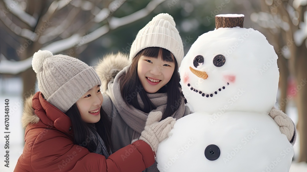 two Asian women take photo with snowman, Generative Ai