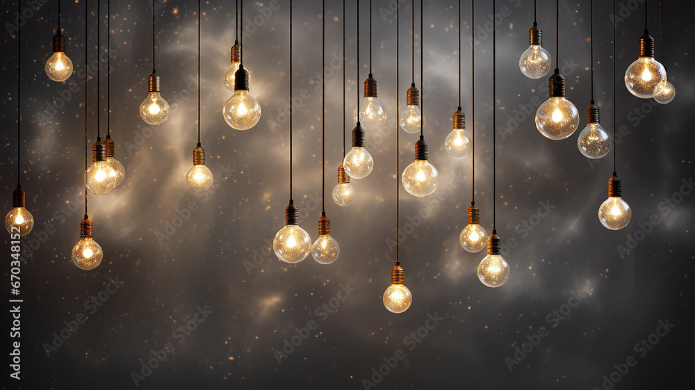 Fototapeta premium a lot of burning bulbs and glowing lights, an abstract festive banner background, a podium for a new product