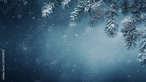 Snowflakes settling on pine branches under soft winter moonlight and copy space, generative ai