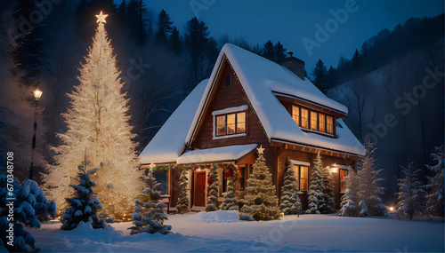 House with a grand facade nestled between mountains, illuminated with interior and exterior lights, adorned with a Christmas tree shining at night during Christmas