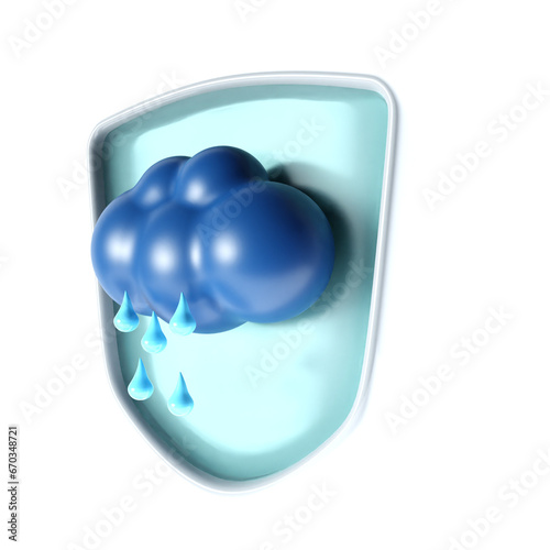 cloudy and drizzly weather with shield background 3d illustration