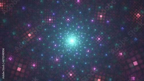 Spin, circumvolution of fractal background with sparkling square, rhombic elements. Psychedelic lambent, iridescent pattern twinkling, vibration,  and heliciform motion. 4K UHD 4096x2304 photo
