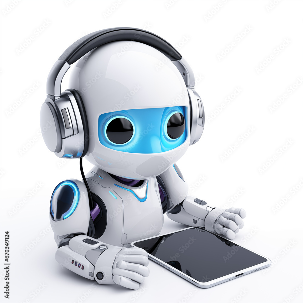 Chatbot, 3D hyper-realistic small smart chatbot robot wearing headphones on white background