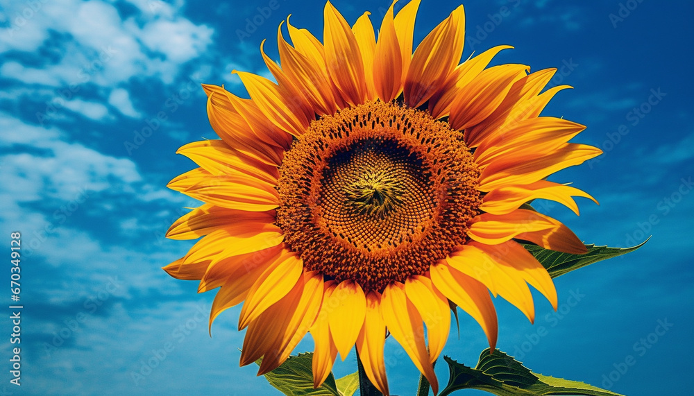 Yellow sunflower in nature, a vibrant summer blossom under blue sky generated by AI