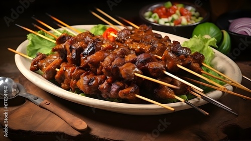 Homemade Sate Daging Sapi Bumbu Ketumbar or Coriander beef satay, served on plate with onion, chilli, soy sauce and tomato. Indonesian traditional food verry popular during Eid Al Adha moment