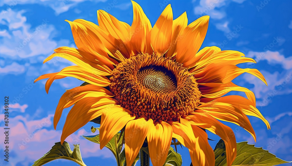 Yellow sunflower in nature, vibrant petals under blue sky generated by AI
