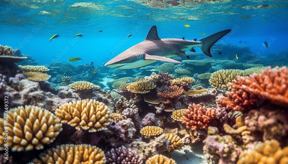 Fototapeta premium Underwater reef, fish, nature scuba diving in deep blue generated by AI