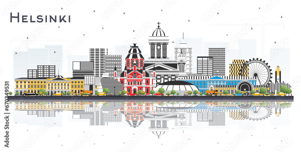Helsinki Finland city skyline with color buildings and reflections isolated on white. Business travel concept with historic architecture. Helsinki cityscape with landmarks.
