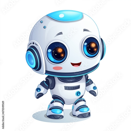 Cute 3d cartoon small robot, baby robot, small chatbot on simple white background