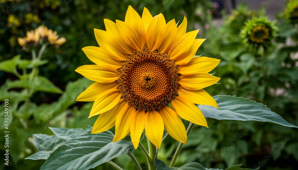Bright yellow sunflower in meadow, bee pollinating, nature vibrant beauty generated by AI Bright yellow sunflower in meadow, bee pollinating, nature vibrant beauty generated by AI