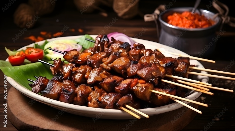 Homemade Sate Daging Sapi Bumbu Ketumbar or Coriander beef satay, served on plate with onion, chilli, soy sauce and tomato. Indonesian traditional food verry popular during Eid Al Adha moment