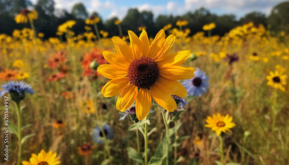 Bright yellow sunflower in a meadow, nature vibrant summer beauty generated by AI