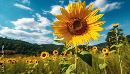 Sunflower meadow  vibrant yellow petals  nature beauty in rural landscape generated by AI