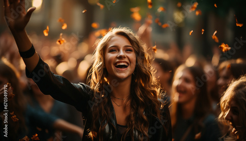 Young adults enjoying a cheerful outdoor party, smiling and laughing generated by AI