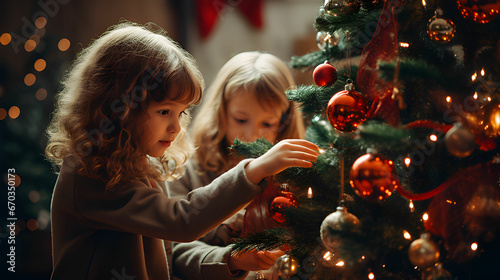 child decorating christmas tree.