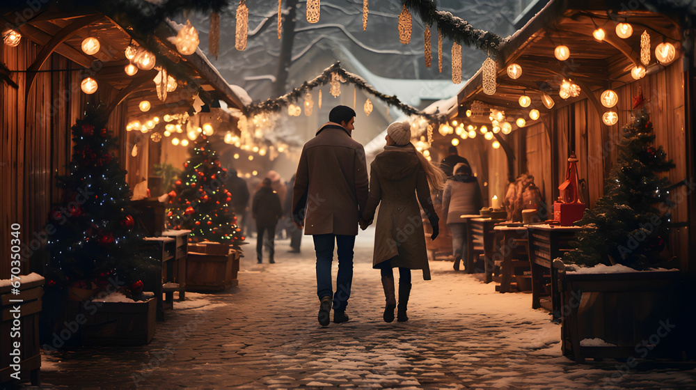 couple works at the Christmas market.