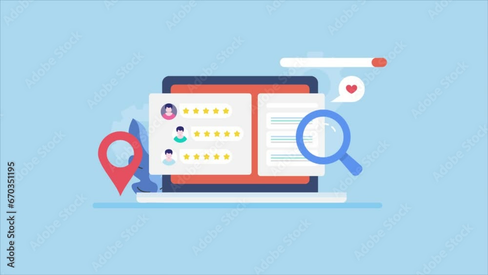 User sharing feedback, comment. Online business and service review and rating on screen. Search and business location map. Video animation 2d clip.