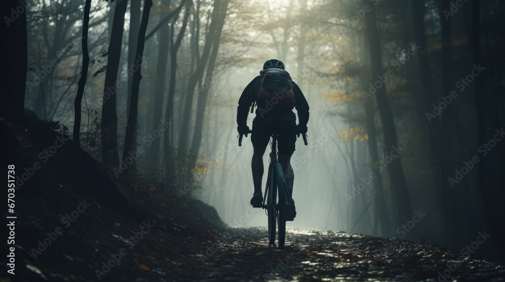 Bike rider is riding on a winding road in the forest.