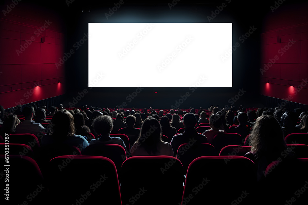 empty movie theatre screen mock up, modern cinema with people on red seats