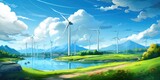 Solar panels, wind turbines and grass in front of mountains.