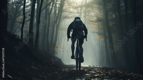 Bike rider is riding on a winding road in the forest. © Goojournoon