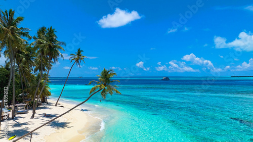 Fototapeta Naklejka Na Ścianę i Meble -  Summer palm tree  and Tropical beach with blue  sky background