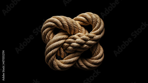 the gordian knot of rough rope is isolated on a black background