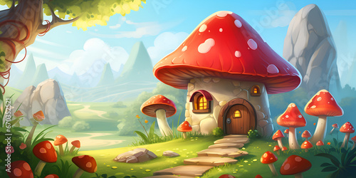 A mushroom house in a forest with a mushroom house in the background. A mushroom house in a forest with a blue bird on the roof. A mushroom house in a fantasy landscape  generative Ai