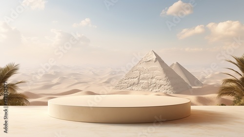 White marble stone podium product display with pyramid and desert as background.